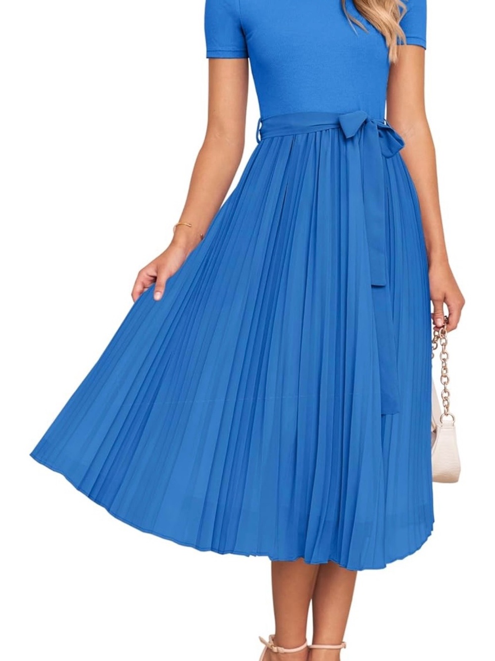 Blue Pleated Midi Dress with Tie Waist